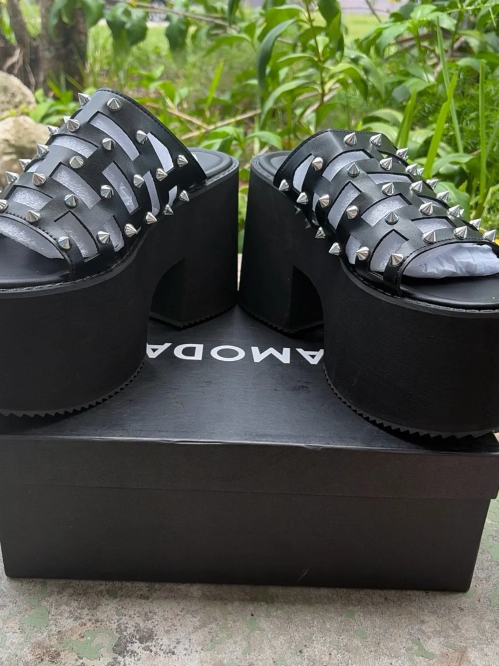 Black Spike-Embellished Platform Slide Sandals